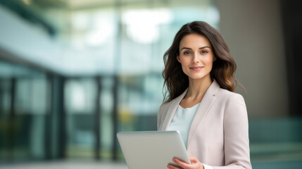 Fototapeta premium Professional businesswoman holding tablet in modern office setting, exuding confidence and approachability.