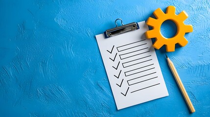 Checklist with Yellow Gear and Pencil on Blue Background