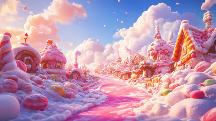 A whimsical candyland with pink paths, fluffy clouds, and colorful sweets, creating a dreamlike landscape full of sugary delights. Whimsical - Village. Illustration