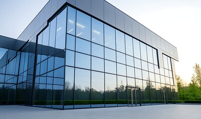Modern glass building reflecting nature with sleek architecture and minimalist design.