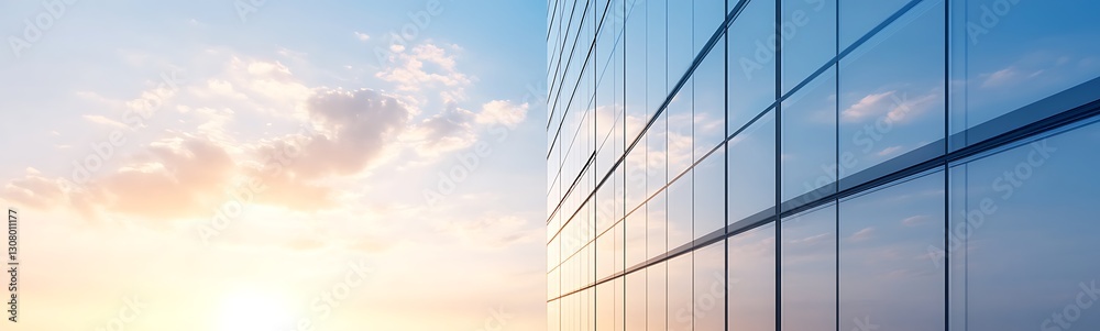 Poster Modern building reflecting a sunset with a clear sky and scattered clouds.