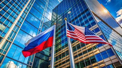 American & Russian Flags Intertwined: A Symbolic Architectural Image