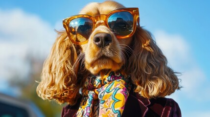 A Cocker Spaniel in a 1960s mod-inspired outfit, with a velvet blazer, thin-framed sunglasses, and a bold patterned scarf. 