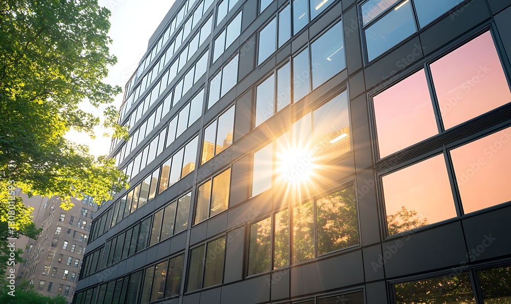 Poster modern building reflecting sunlight through large windows, surrounded by greenery.