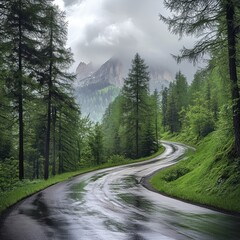 Fototapeta premium Rainy Mountain Road Winding Through Lush Forest