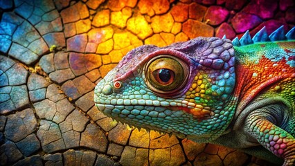Naklejka premium Ancient Stone Wall Chameleon Double Exposure Stock Photo - Mystical Reptile Nature Background