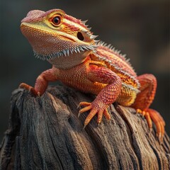 Obraz premium Red Dragon Bearded Dragon Perched on Wood
