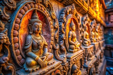 Fototapeta premium Ancient Weathered Stone Surface with Intricate Religious Carvings - Spiritual Background Texture