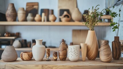 Rustic pottery and wooden decor on a shelf
