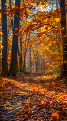Golden Autumn Forest: Sunlit Pathway Through Vibrant Fall Foliage Reflecting Seasonal Serenity