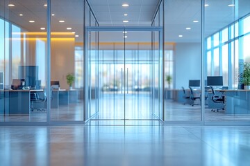 Sleek modern office space featuring glass walls doors and spacious work areas bathed in natural light Professional and inviting atmosphere