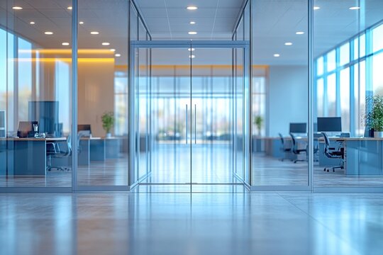 Sleek modern office space featuring glass walls doors and spacious work areas bathed in natural light Professional and inviting atmosphere