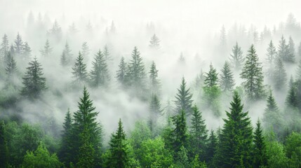 serene, misty evergreen forest landscape, showcasing tall
