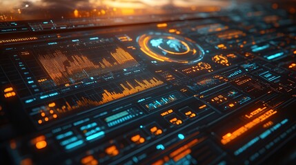 Fototapeta premium Futuristic cockpit dashboard displays data in orange and blue lights against cityscape backdrop