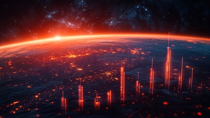 Fototapeta premium Sunrise over fiery Earth city skyline