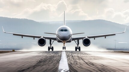 sleek, contemporary commercial airplane touching down, with detailed view