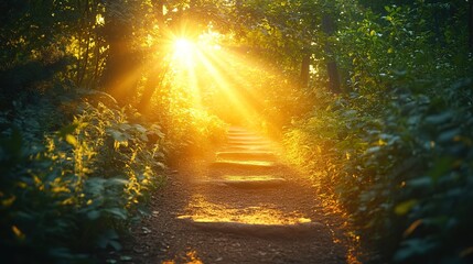 Obraz premium Sunlit Forest Path Steps Dawn Nature Spiritual