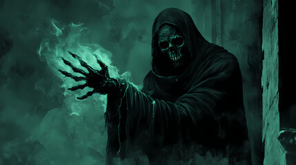 Tattered black robes glowing skeletal hands of a reaper illuminated by haunting glow shadowy background. Haunting - Ruins. Illustration