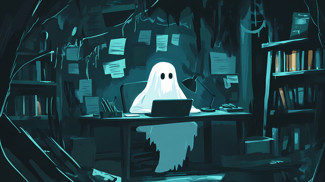Spooky office vibes: ghostly worker reading eerie emails at haunted halloween desk. Haunting - Ruins. Illustration