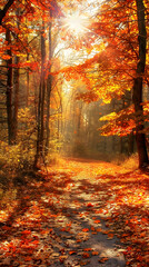 Obraz premium Golden Autumn Forest: Sunlit Pathway Through Vibrant Fall Foliage Reflecting Seasonal Serenity