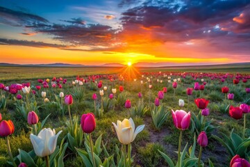 Obraz premium April Wild Steppe Tulips Bloom, Celinny Region, Kalmykia, Russia - Low Light Photography