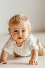 Fototapeta premium Adorable blonde baby girl crawling on the floor.
