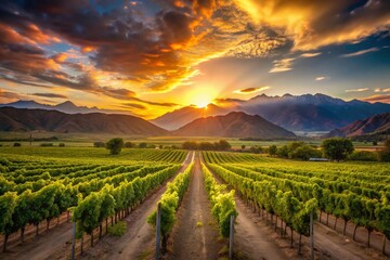 Naklejka premium Argentinian Northwest Wine Region Landscape - Vineyard Sunset, High Altitude Grapes, Salta Province, Andes Mountains