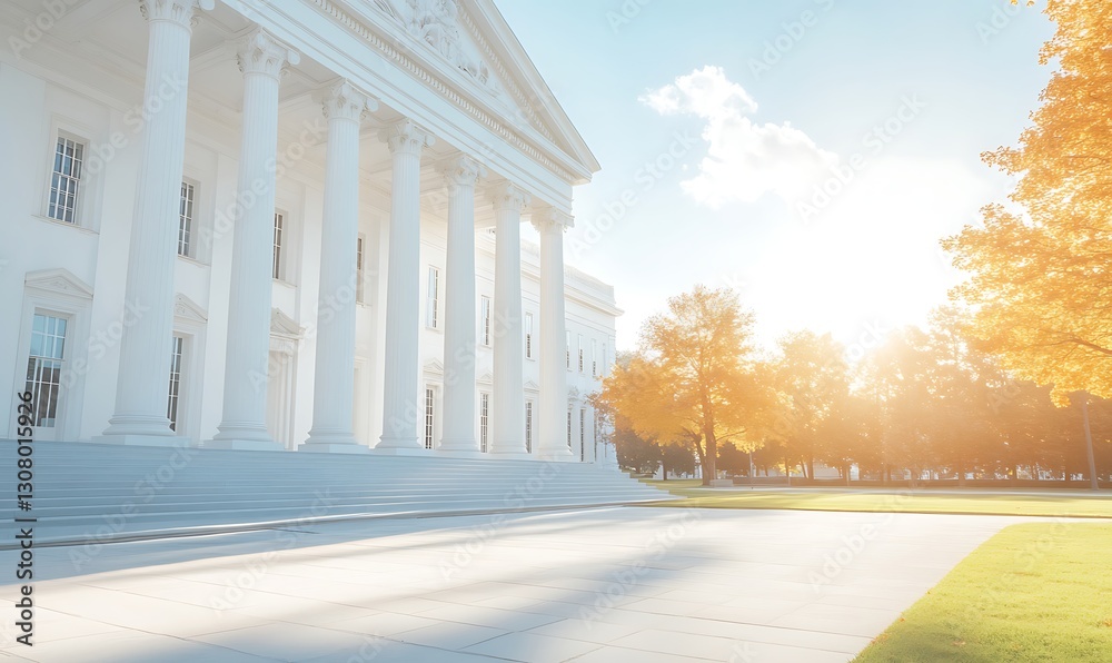 Aufkleber Majestic building with white columns surrounded by golden autumn trees and sunlight.
