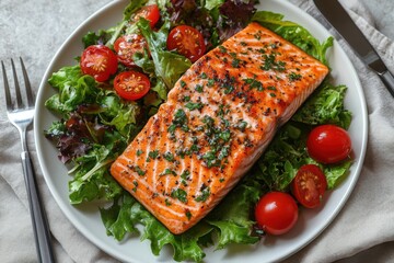 Salmon fillet served on a fresh green salad with cherry tomatoes A healthy and delicious meal ready to be enjoyed