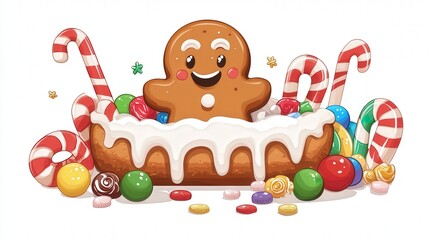 Obraz premium cartoon gingerbread Christmas dessert with a cheerful face, surrounded by festive candy and icing