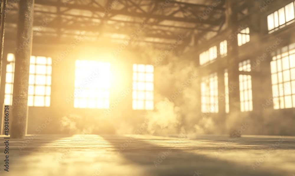 Fototapete Sunlight streams through large windows in an industrial space, creating an atmospheric and moody scene.