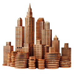 Wooden city skyline with skyscrapers and stacked coins, symbolizing wealth and growth. creative representation of urban development and finance