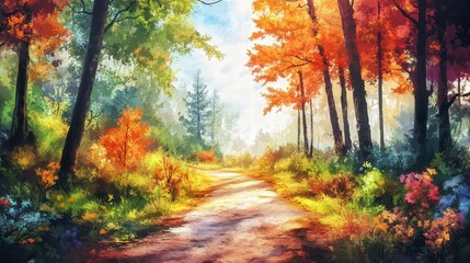 Fototapeta premium landscape painting of a walking trail in the great outdoors, featuring vibrant colors and a peaceful atmosphere