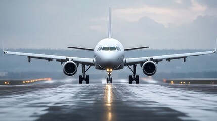 modern commercial airplane in the final stages of landing, with clear details on the aircraft's advanced features
