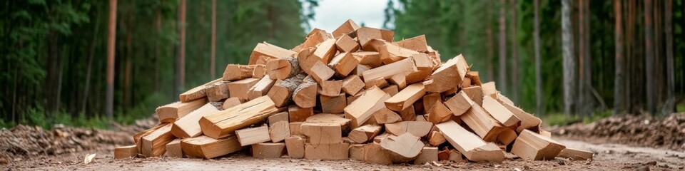 A large pile of firewood sits in a forest.