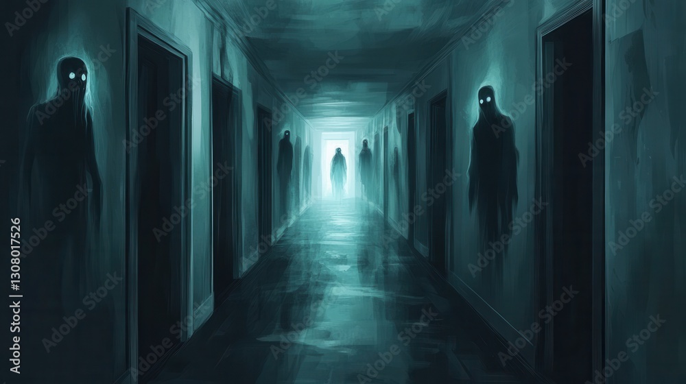 Poster dark corridor filled with ghostly shadows and eerie light evokes a sense of dread and suspense in a 