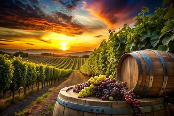 Art Deco Wine Barrels at Dusk: Elegant Vineyard Scene - Stock Photo