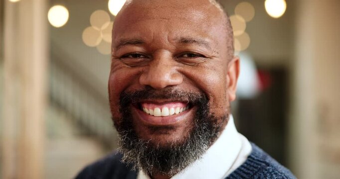 Business, man and face with laughing in office for hospitality joke, friendly concierge or hotel management. Manager, lobby and mature black person for luxury accommodation, funny or check in service