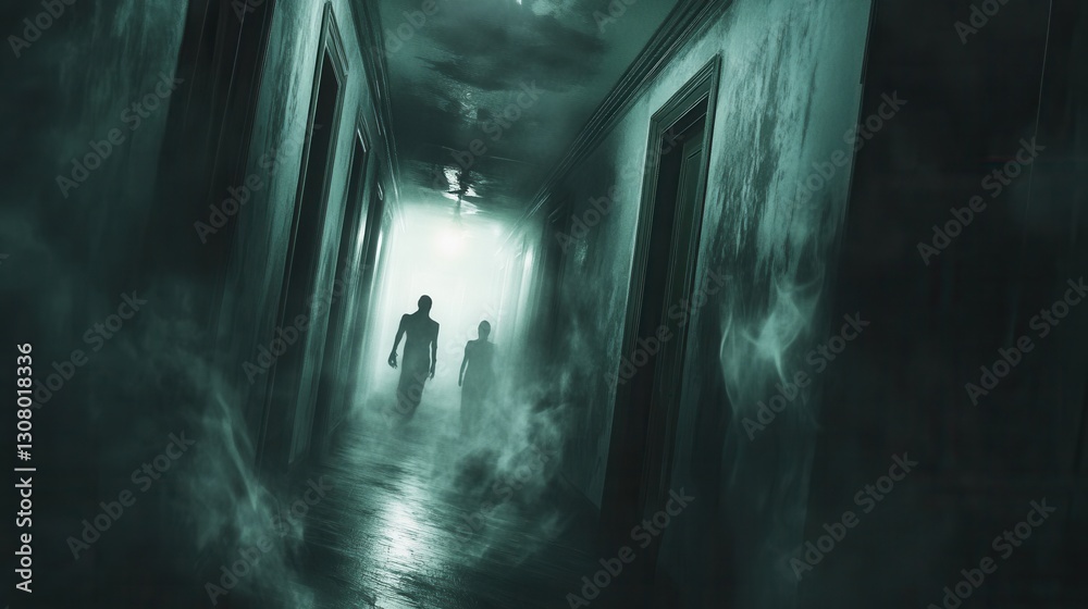 Poster eerie corridor filled with shadowy figures and flickering light creates a haunting atmosphere of fea