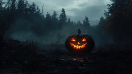 A Carved Jack-o'-Lantern Glowing Brightly in a Dark and Eerie Forest at Night