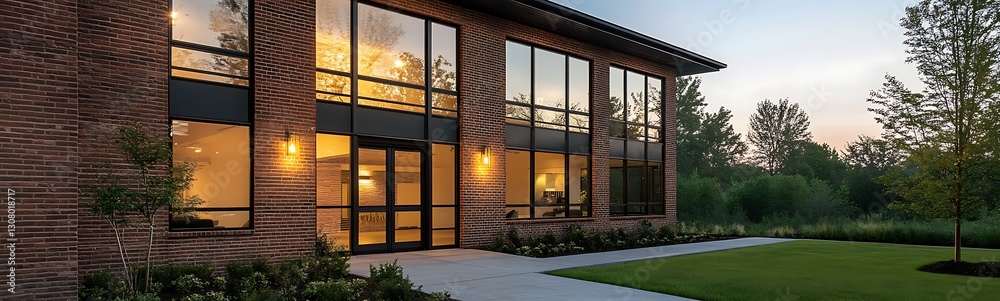 Poster industrial-style brick building featuring large windows, ideal for architectural and design projects