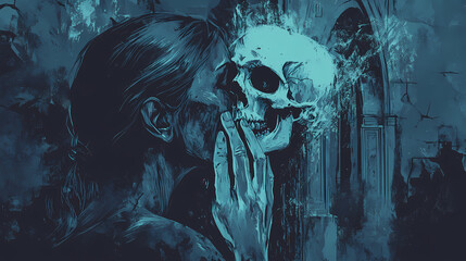 A haunting illustration of a demon whispering dark secrets into the ears of a sleeping person. Haunting - Ruins. Illustration