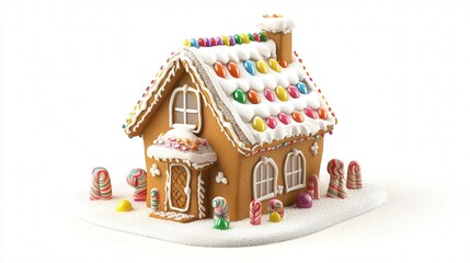 cartoon gingerbread house, adorned with colorful candy and a snowy roof, celebrating the Christmas season