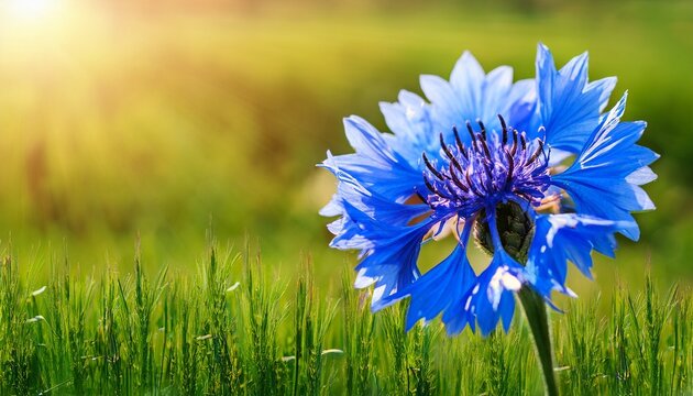 a close up of a blue cornflower in front of a bright green meadow