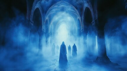 Figures in hooded robes walk through a misty cathedral
