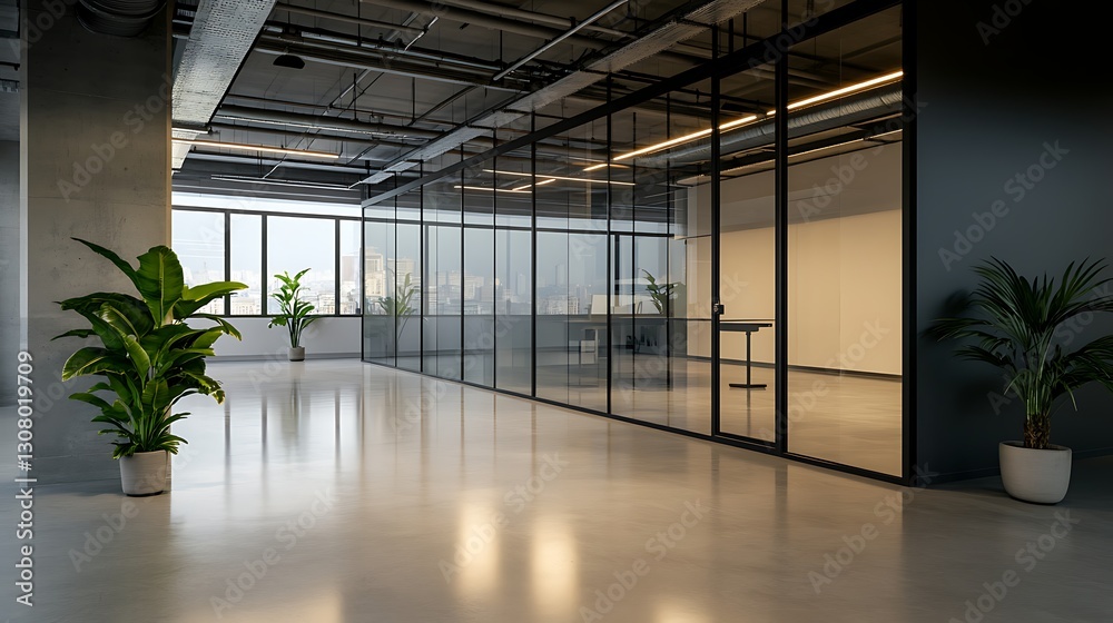 Aufkleber industrial-style office building featuring exposed structural elements, ideal for modern workspace c