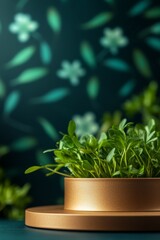 Fresh microgreens in a copper planter against a teal background.