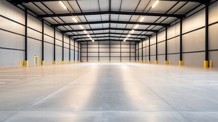 Industrial warehouse featuring metal panels, ideal for modern design concepts and architectural projects.