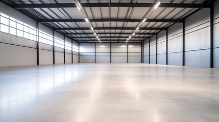 Fototapeta premium Industrial-style warehouse featuring metal panels, ideal for architecture and design projects.