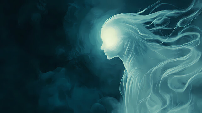 Ethereal female apparition translucent form swirling mist moonlit backdrop haunting beauty otherworldly presence ghostly encounter. ghostly apparition. illustration. Haunting - Ruins. Illustration